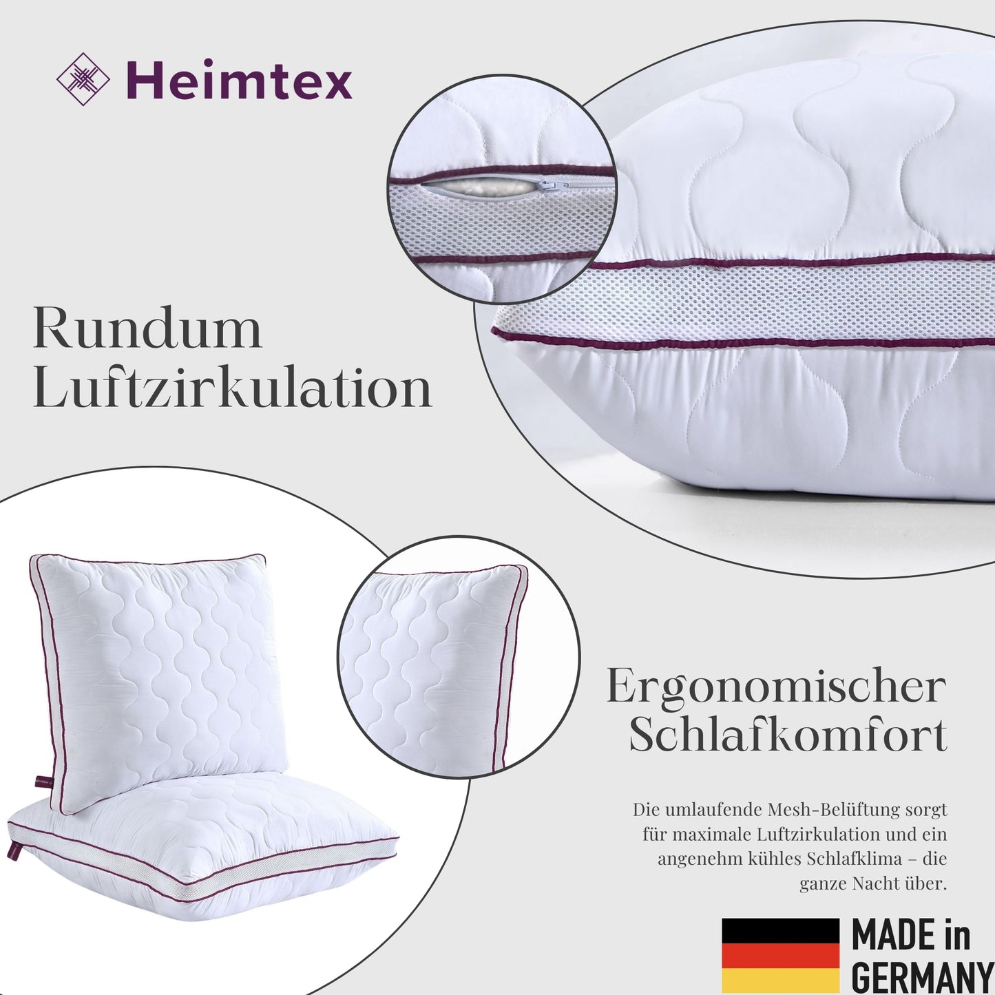 Atmungsaktives Mikrofaser-Kopfkissen 80x80cm – Verstellbarer Härtegrad mit Airflow-Netz | Made in Germany | 1er- oder 2er-Pack | Waschbar mit wiederverwendbarer Aufbewahrungstasche
