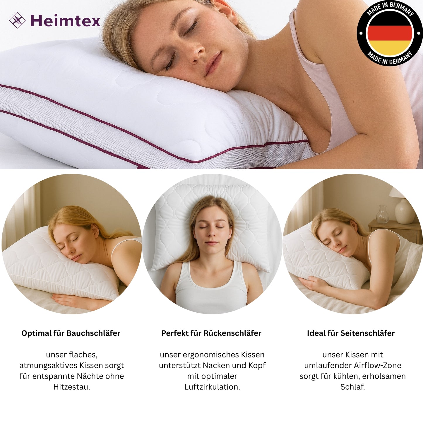 Atmungsaktives Mikrofaser-Kopfkissen 80x80cm – Verstellbarer Härtegrad mit Airflow-Netz | Made in Germany | 1er- oder 2er-Pack | Waschbar mit wiederverwendbarer Aufbewahrungstasche